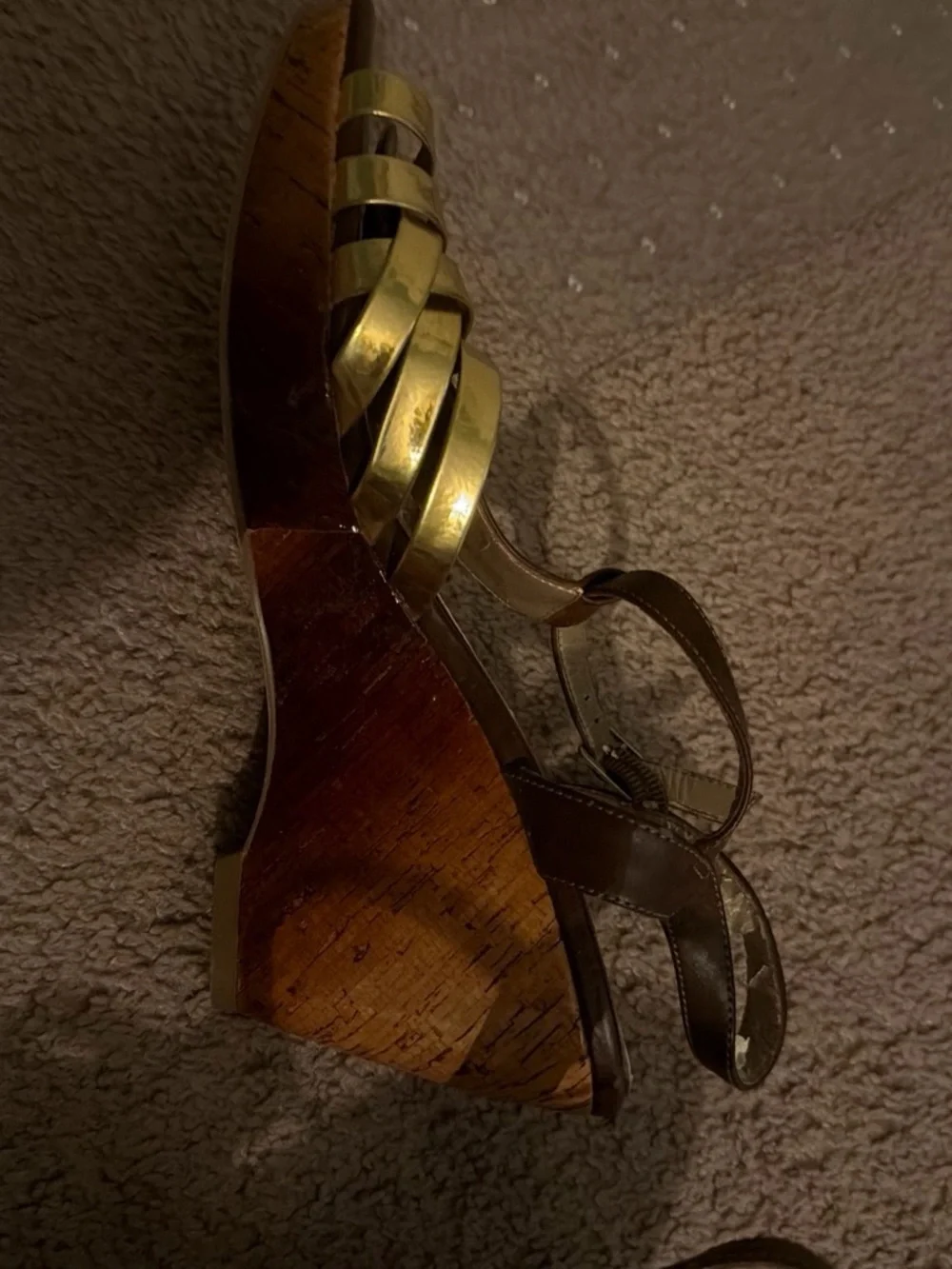 Bandolino Brown and Gold Wedge Sandals